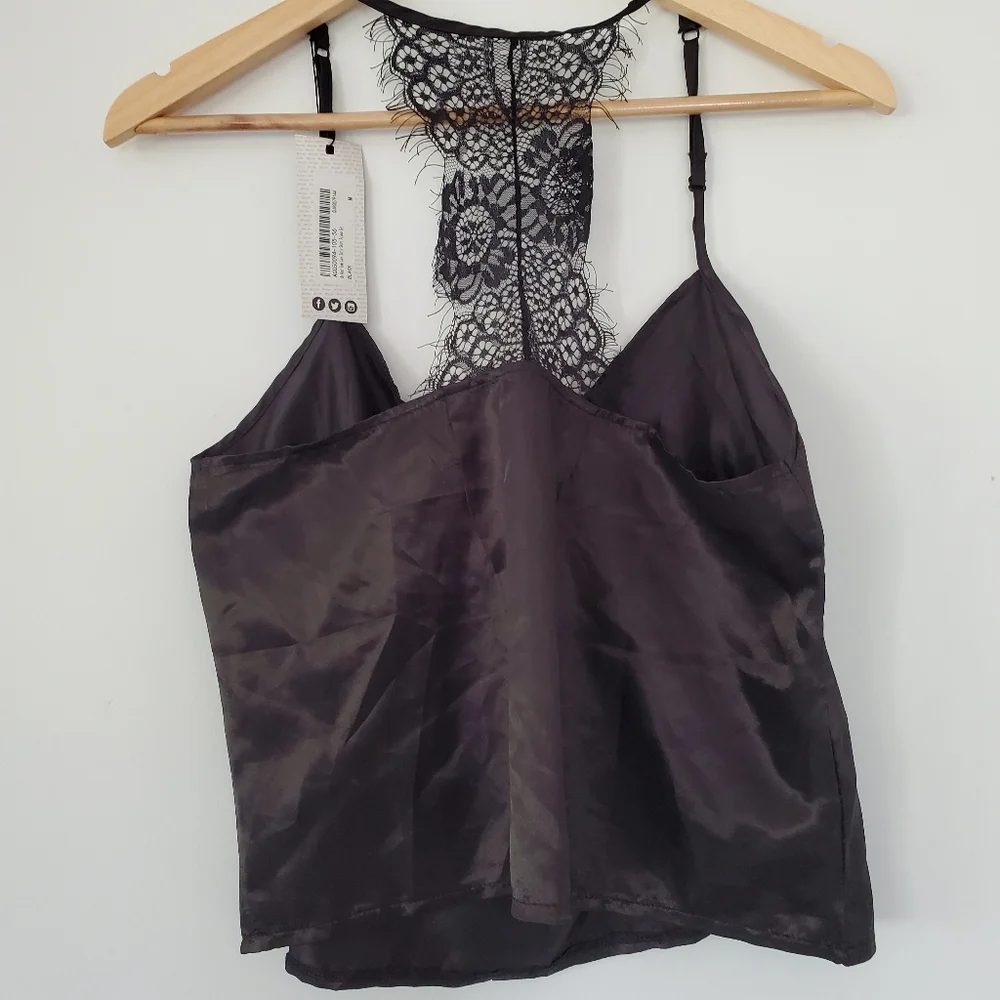 NWT NASTY GAL Sz M Black Silky Cami Top Spaghetti Straps Eyelash Lace T-Back Y2K - Picture 12 of 16